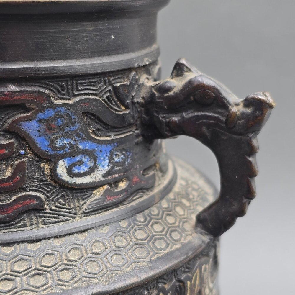 Antique Japanese Bronze Champleve Vase 11" Archaic Dragon Handle Meiji Style - Picture 6 of 16